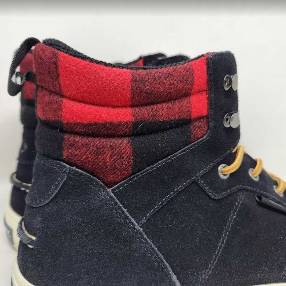 Men\'s 13 Sperry Striper Storm Hiker Buff suede black & red buffalo checker boots